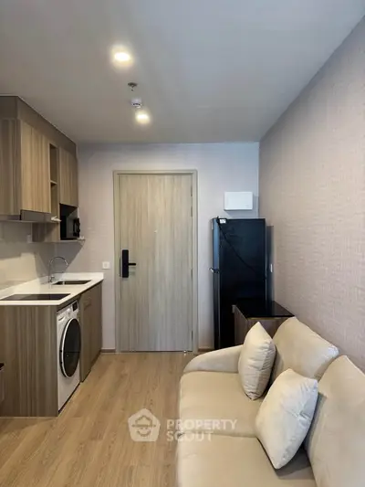 Modern compact living room with integrated kitchen and washing machine, featuring sleek wooden cabinetry and cozy sofa.