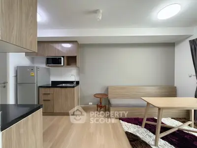 Modern studio apartment with compact kitchen and cozy living area