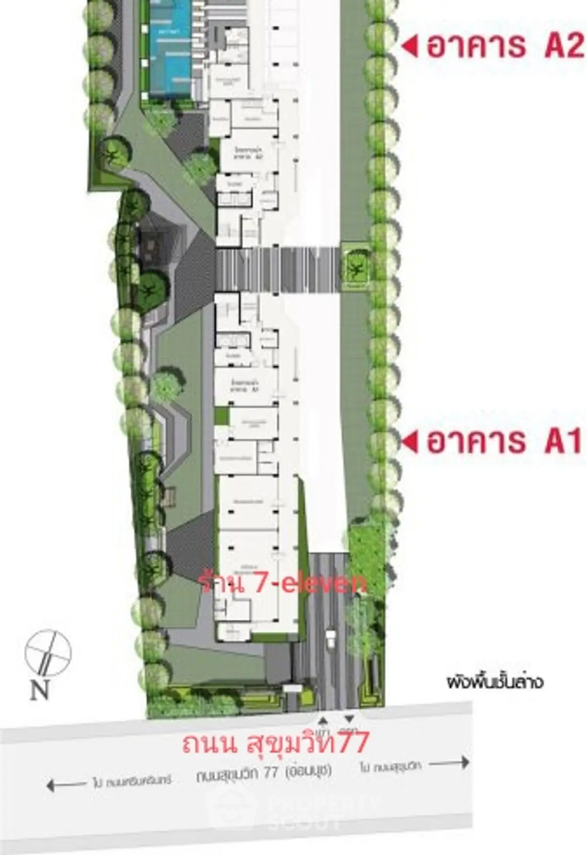 Detailed schematic plan of a modern real estate development with labeled buildings and pathways.