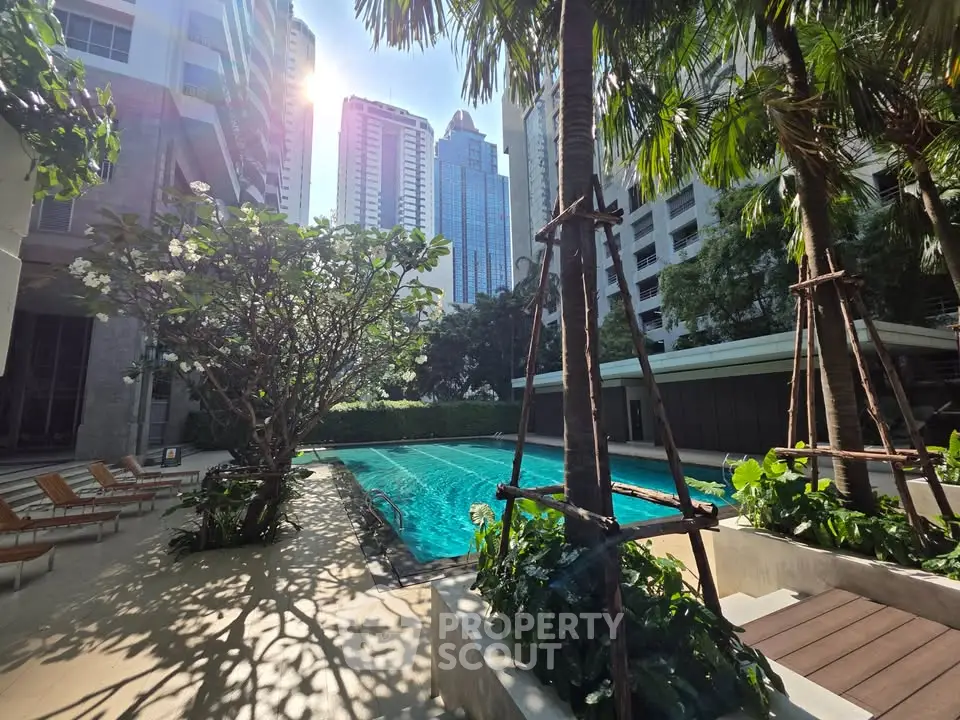 Luxurious urban poolside oasis with lush greenery and stunning cityscape views.