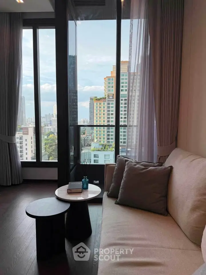 Modern living room with stunning city view and elegant decor