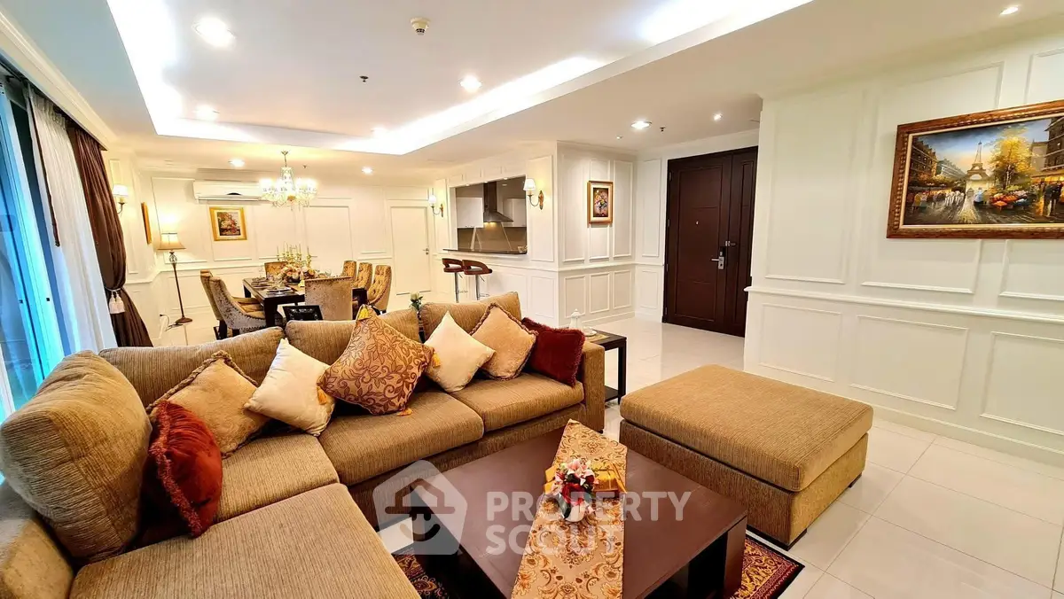 Luxurious living room with elegant decor and spacious seating area