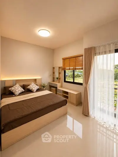 Modern bedroom with large window and elegant decor, featuring a cozy bed and stylish furniture.