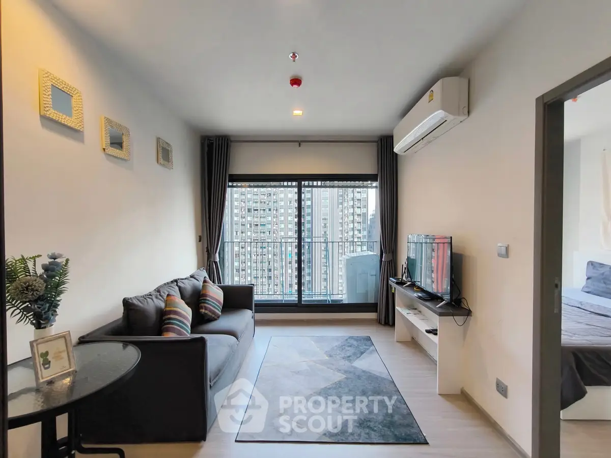 Modern living room with balcony view in a stylish apartment
