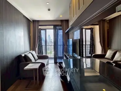 Modern living room with city view and sleek interior design