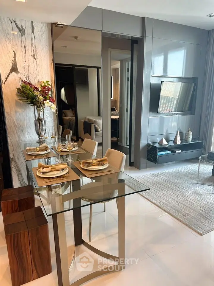 Luxurious modern living room with elegant dining area and stylish decor
