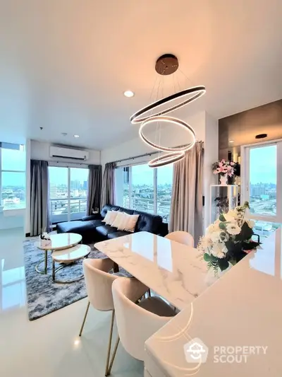 Luxurious modern living room with stunning city view and elegant lighting