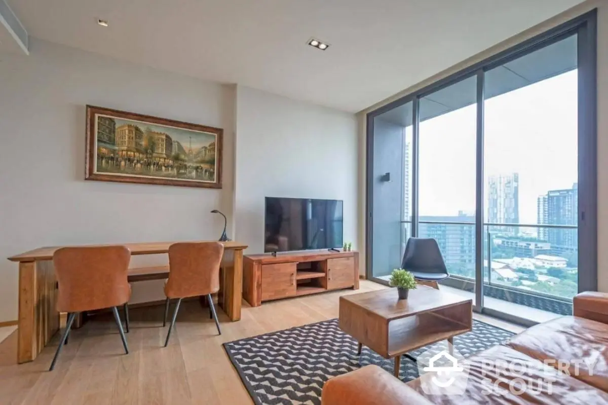 Modern living room with city view, stylish furniture, and large windows in urban apartment.