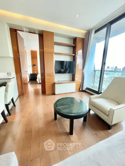Luxurious living room with wooden flooring and city view