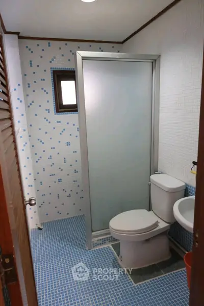 Compact bathroom with blue tile flooring and frosted glass shower