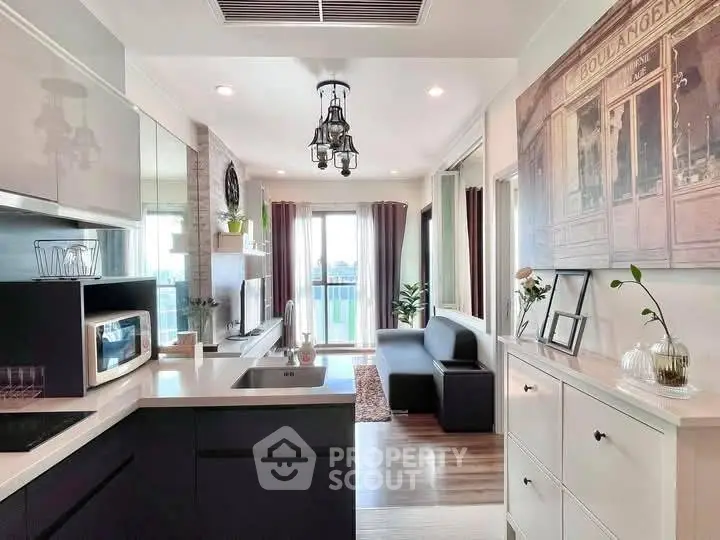 Stylish modern living room with open kitchen and elegant decor