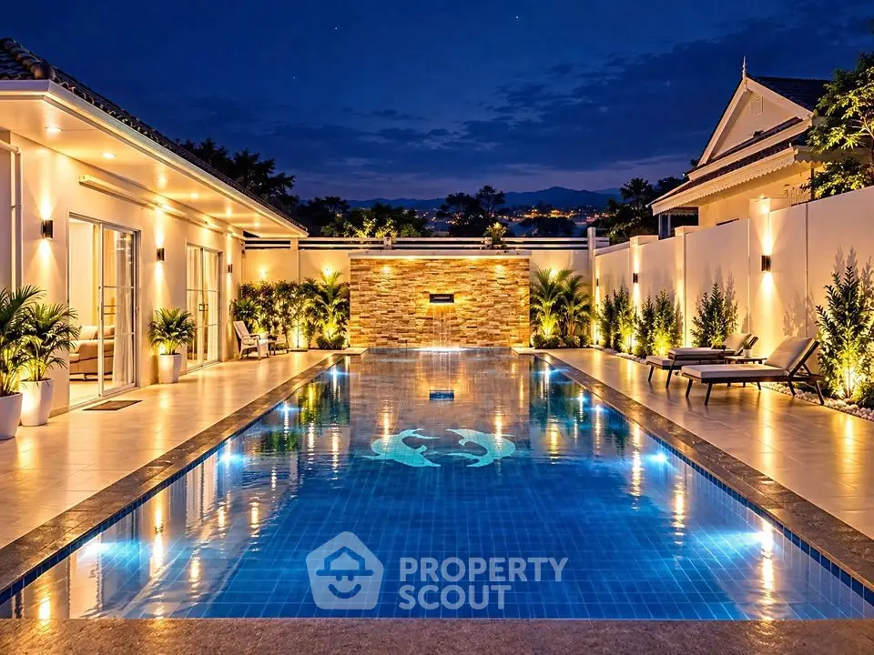 Luxurious villa with illuminated pool and elegant outdoor design at night