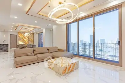 Luxurious modern living room with stunning city view and elegant marble flooring.
