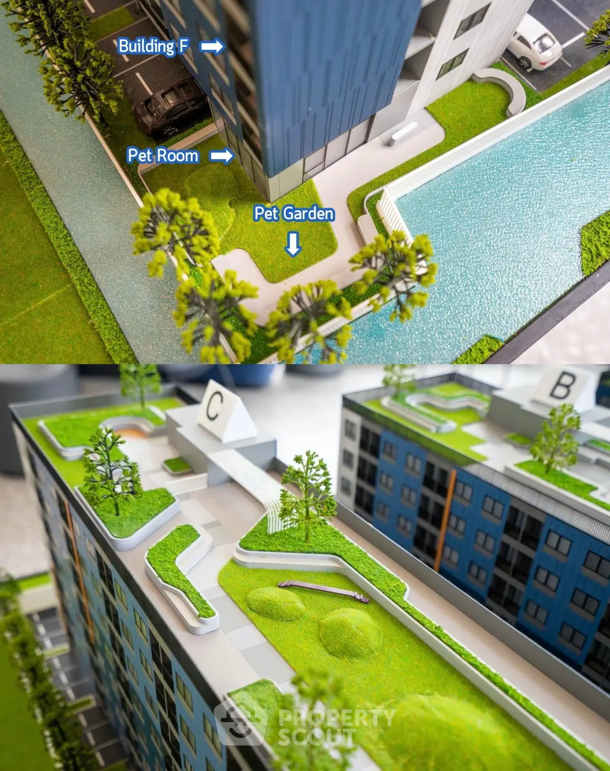 Modern apartment complex with pet-friendly amenities and lush rooftop garden.