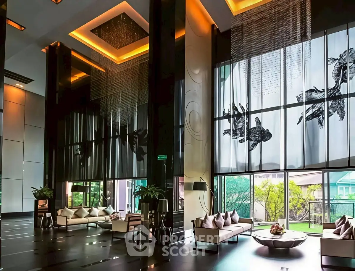 Luxurious modern living room with high ceilings and elegant decor