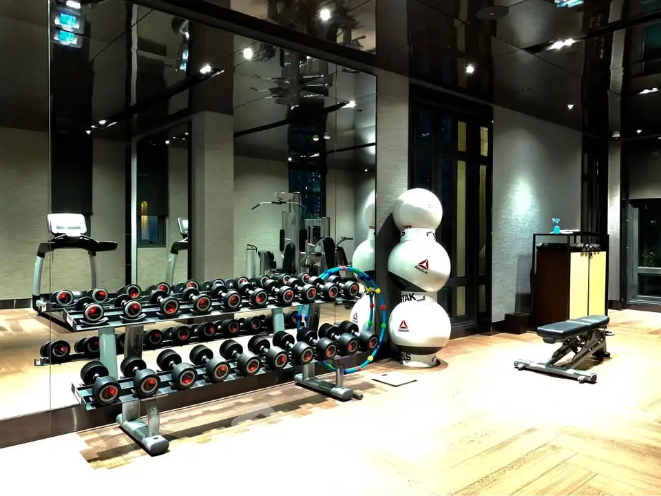 Luxurious gym with modern equipment and sleek design in upscale residential building.