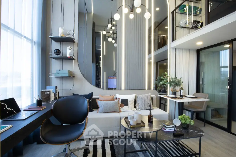 Modern living room with high ceilings, stylish decor, and large windows offering natural light and a cozy atmosphere.