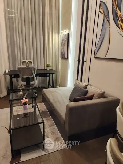 Modern living room with stylish decor and cozy seating area, perfect for relaxation and productivity.