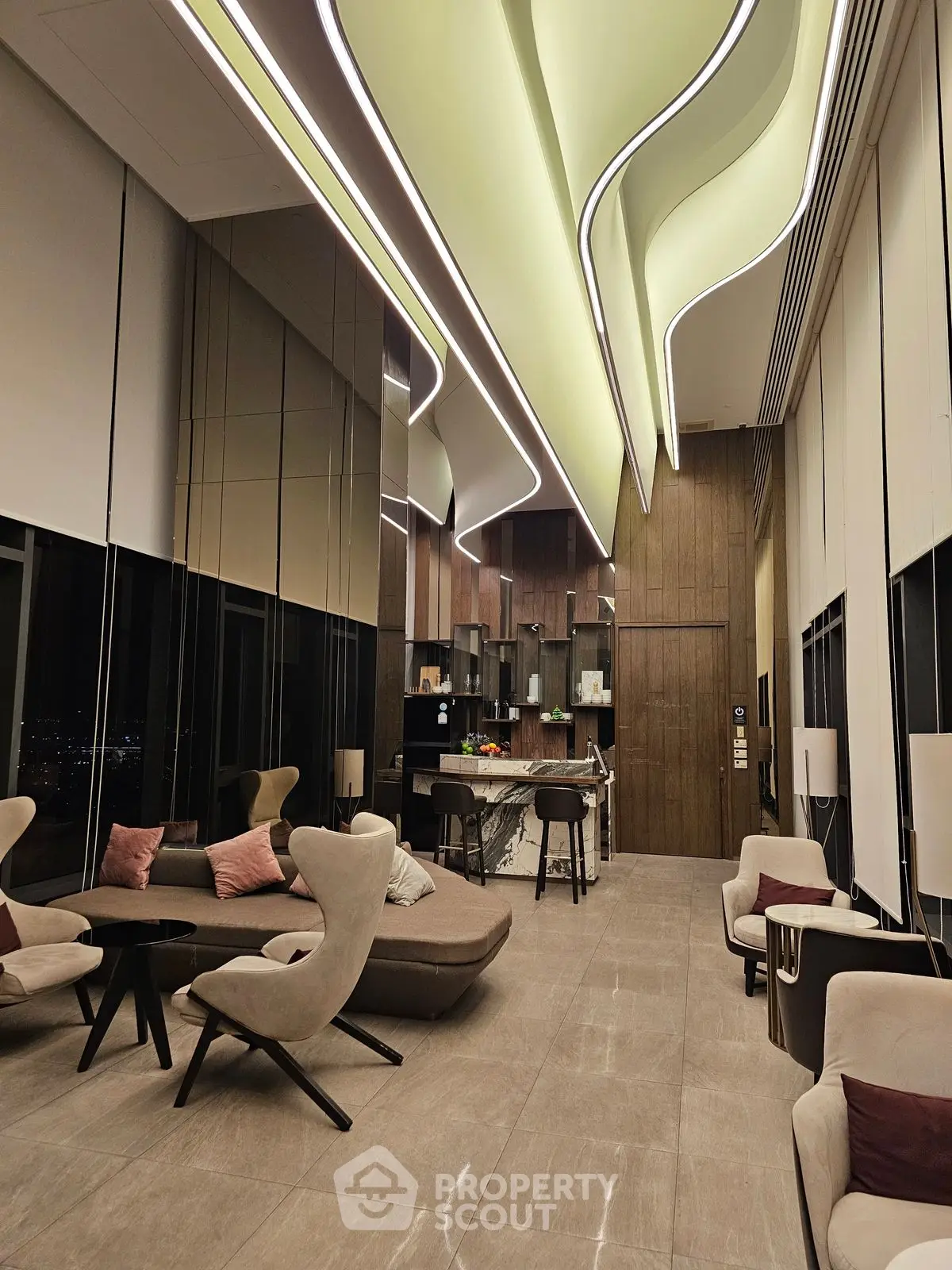 Luxurious modern living room with high ceilings and elegant furniture