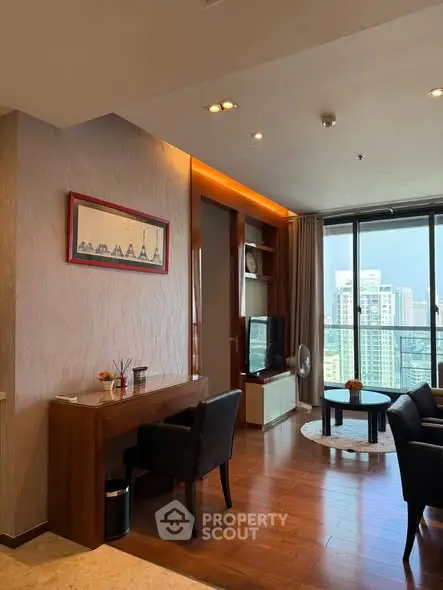 Modern living room with city view and stylish decor