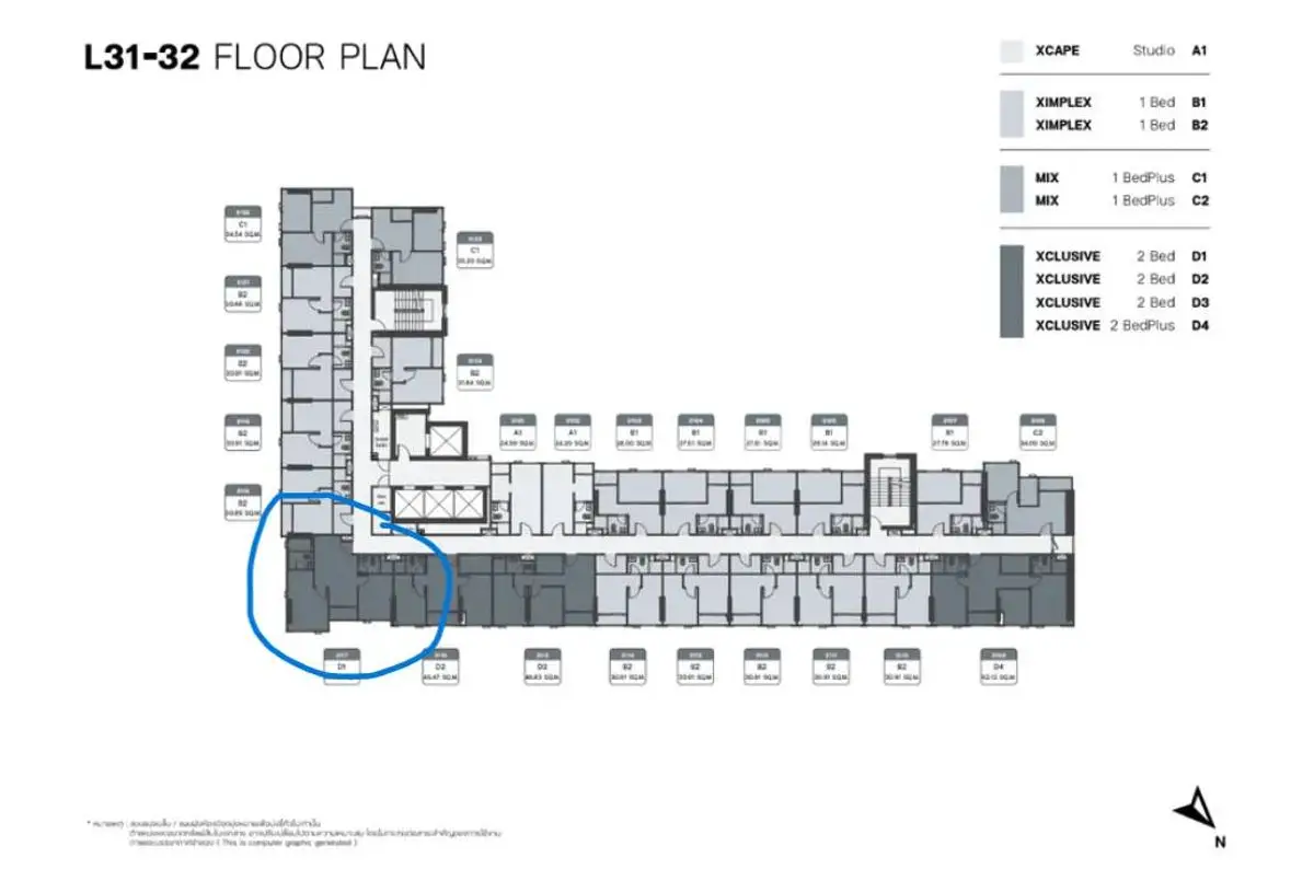 Detailed floor plan of L31-32 with various unit types and layout.