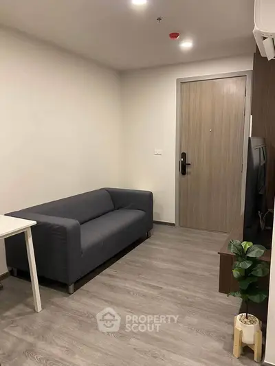 Modern living room with sleek gray sofa and wooden flooring, perfect for cozy urban living.