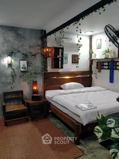 Cozy bedroom with rustic wooden furniture and modern decor accents
