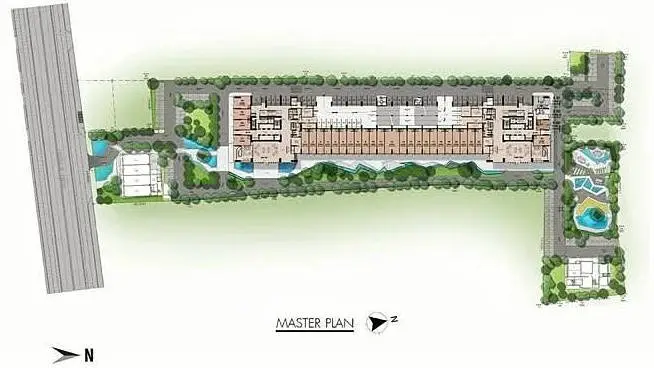 Master plan layout of modern residential complex with lush greenery and water features.