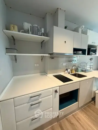 Modern kitchen with sleek white cabinetry and built-in appliances
