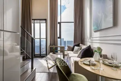 Luxurious high-rise living room with stunning city view and elegant decor