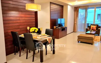 Modern living room with dining area, stylish decor, and cozy ambiance