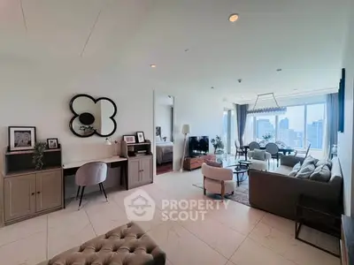 Spacious modern living room with city view, elegant decor, and open layout in luxury apartment.