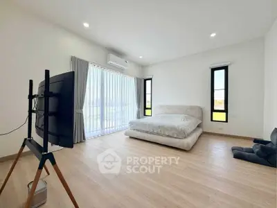 Spacious modern bedroom with large windows and minimalist decor