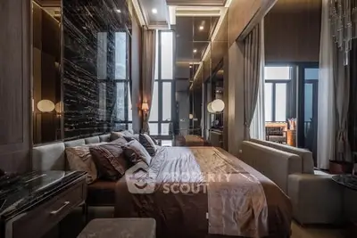 Luxurious bedroom with elegant decor and floor-to-ceiling windows