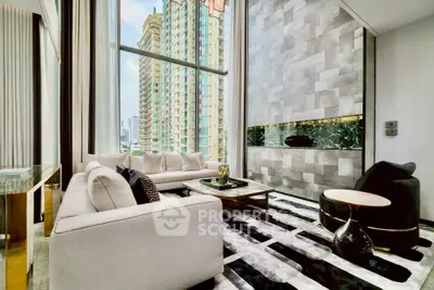 Luxurious modern living room with high ceilings and city view