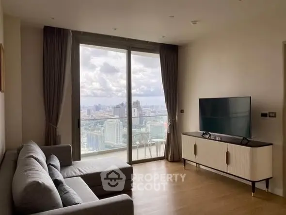 Modern living room with stunning city view and sleek furniture.