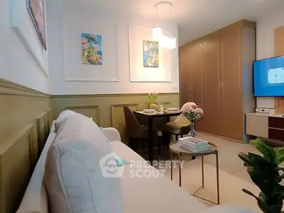 Chic living room with elegant decor and cozy dining area, perfect for modern urban living.