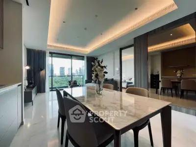 Luxurious modern dining area with marble table and city view in high-rise apartment