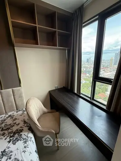Modern bedroom with city view and stylish furniture