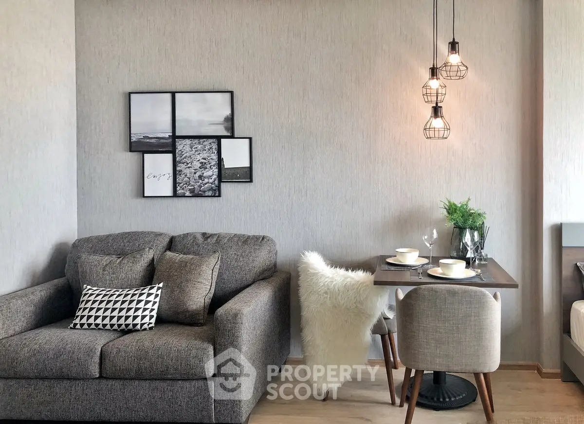 Modern living room with cozy seating and stylish dining area