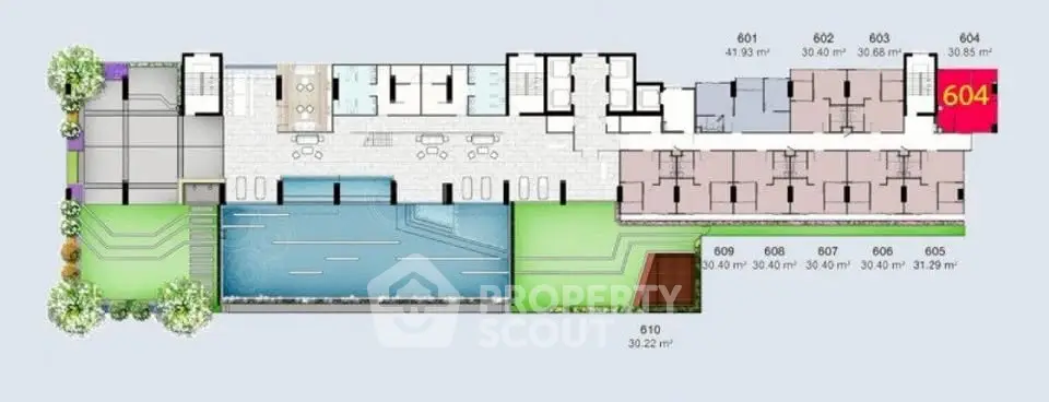 Modern apartment floor plan with pool and garden views, showcasing unit layouts and amenities.