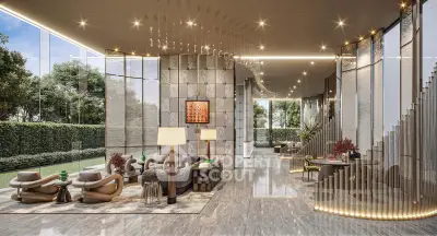 Luxurious modern lobby with elegant seating and stunning garden views, perfect for upscale living.