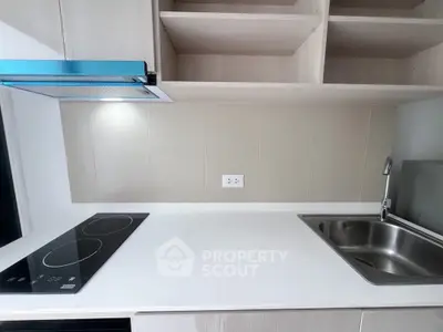 Modern kitchen with sleek electric stove and stainless steel sink