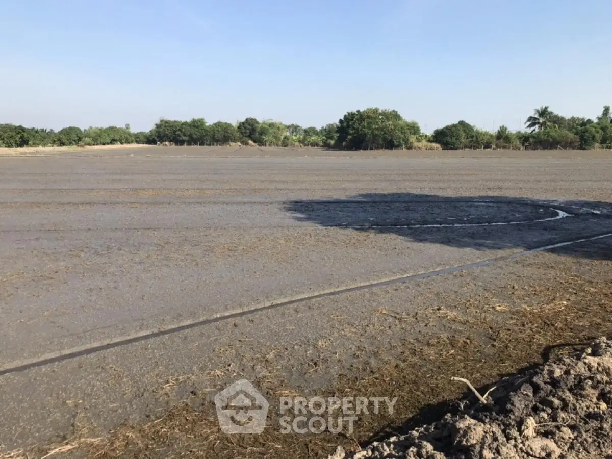 Expansive land plot with potential for development, surrounded by lush greenery and clear skies.