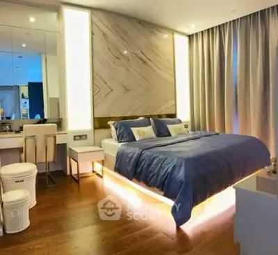 Luxurious modern bedroom with elegant lighting and stylish decor