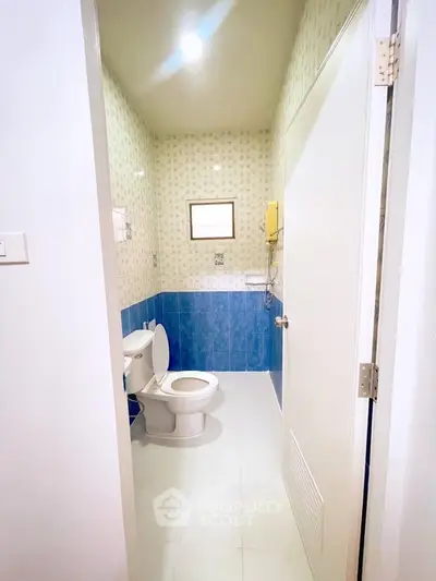Charming bathroom with blue and white tiles, featuring a modern toilet and ample lighting.