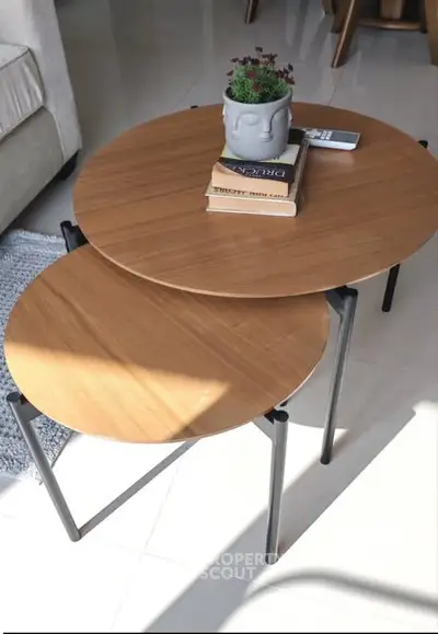 Modern nested coffee tables with stylish decor in a bright living room.