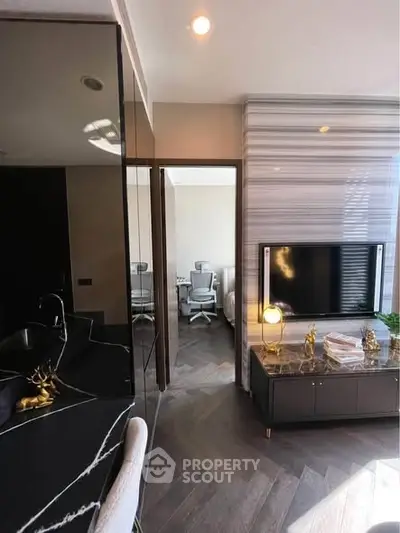 Luxurious modern living room with sleek marble accents and stylish decor