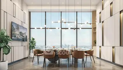 Luxurious dining room with panoramic city view and modern lighting