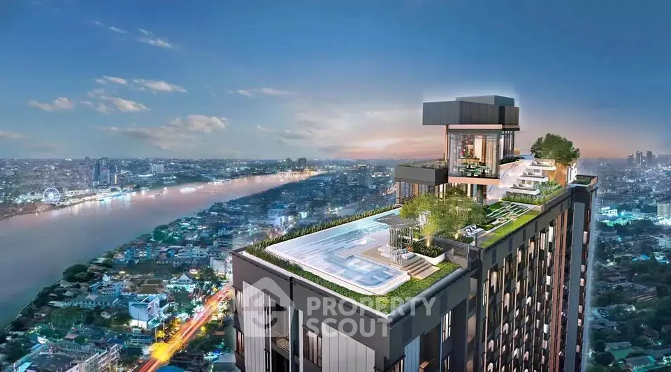 Luxurious rooftop pool with stunning cityscape view at sunset, perfect for upscale urban living.